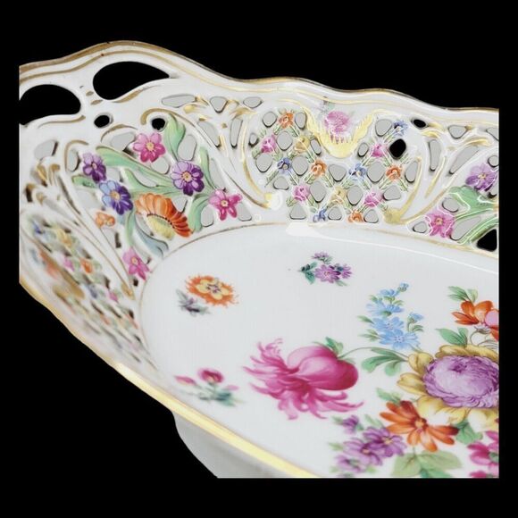 Dresden Schumann Bavaria Candy Fruit Footed Pedestal Oval Floral Bowl Compote - Picture 7 of 16